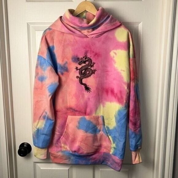 Orange Kiss Multi Color Watercolor Dragon Print Pullover Hipster Hoodie Medium - Picture 2 of 10